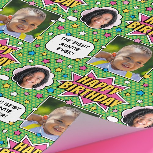 Comic Book Birthday Kids Personalized Photo Pink Wrapping Paper