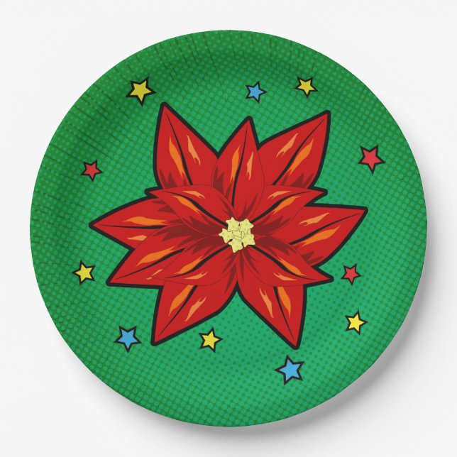 Comic Book Christmas Poinsettia Paper Plates (Front)