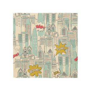 Comic book city: vintage pattern wood wall art