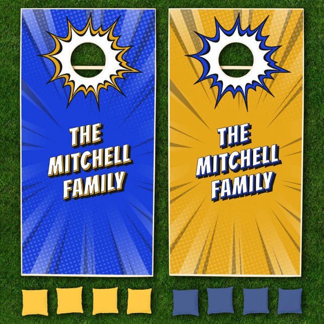 Comic Book Family Cornhole Set - Blue & Yellow (Creator Uploaded)