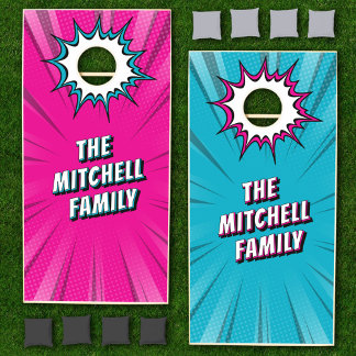 Comic Book Family Cornhole Set - Pink & Blue