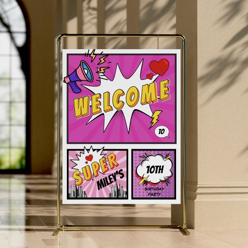 Comic Book Girls Birthday Superhero Pink Welcome Foam Board