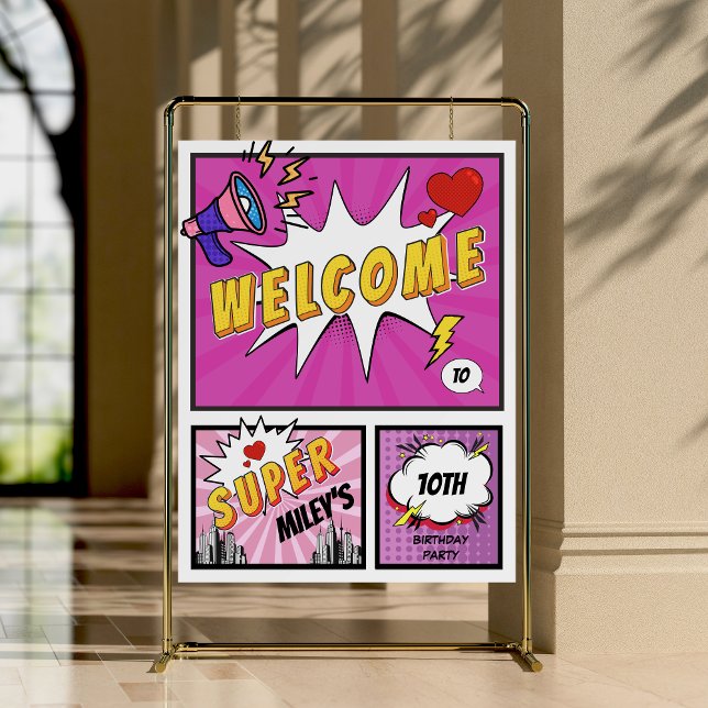Comic Book Girl's Birthday Superhero Pink Welcome Foam Board (Comic Book Welcome Sign)