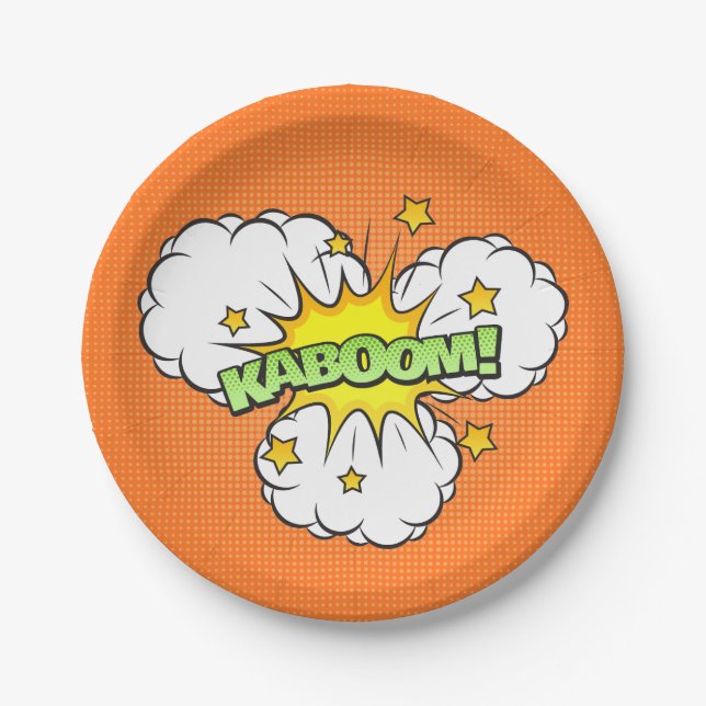 Comic Book KABOOM! on a orange background Paper Plates (Front)