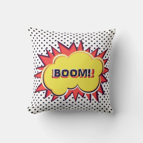Comic book pop art action Boom black white red Throw Pillow