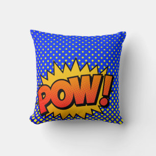Comic book pop art action sound Pow blue orange Throw Pillow