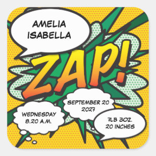 Comic Book Pop Art Birth Stats Personalised Square Sticker