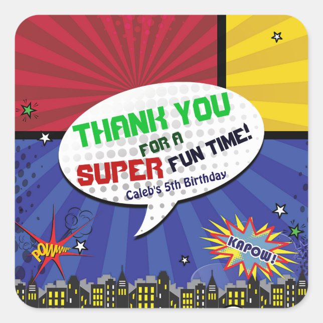 Comic Book Pop Art Birthday Party Favor Square Sticker (Front)