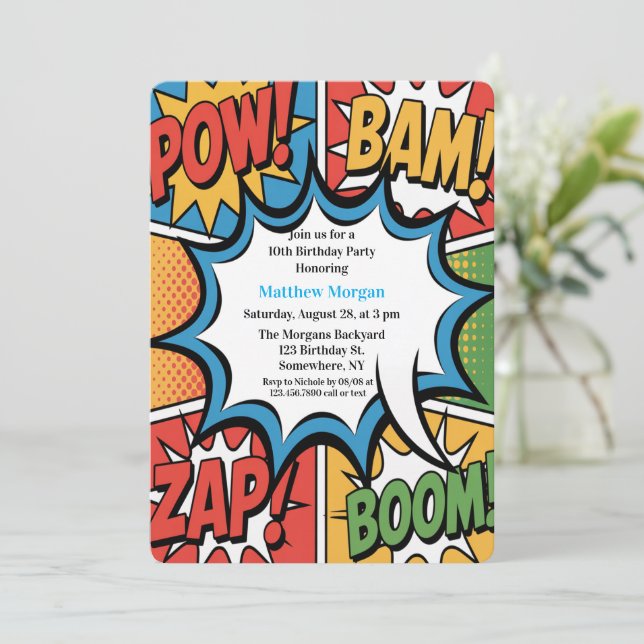 Comic Book Pop Art Boy Birthday Party White Invitation (Standing Front)