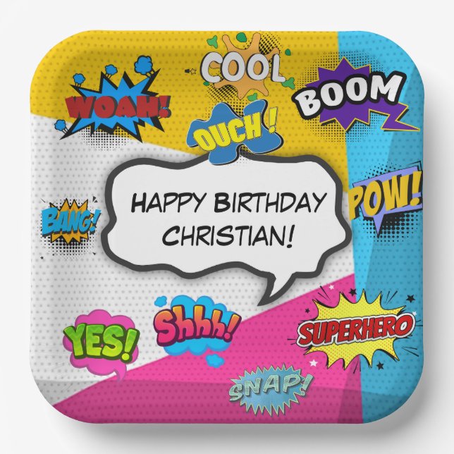 Comic Book Pop Art Custom Birthday Paper Plates (Front)
