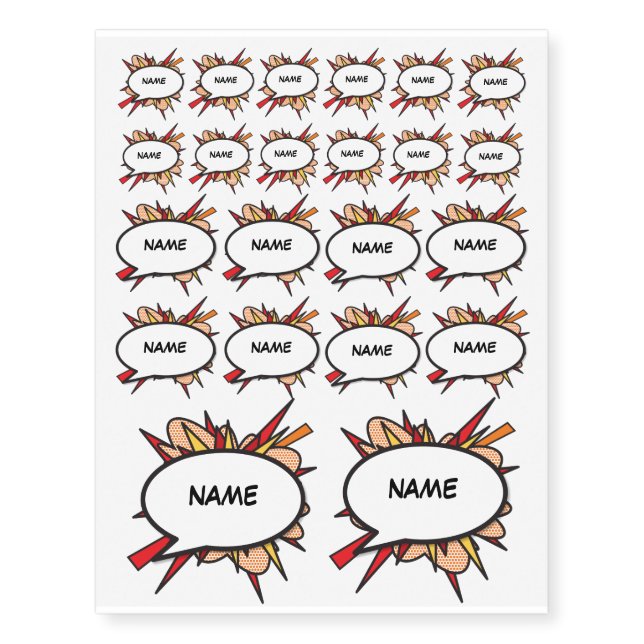 Comic Book Pop Art Flash Speech Bubbles Name Temporary Tattoos (Front)