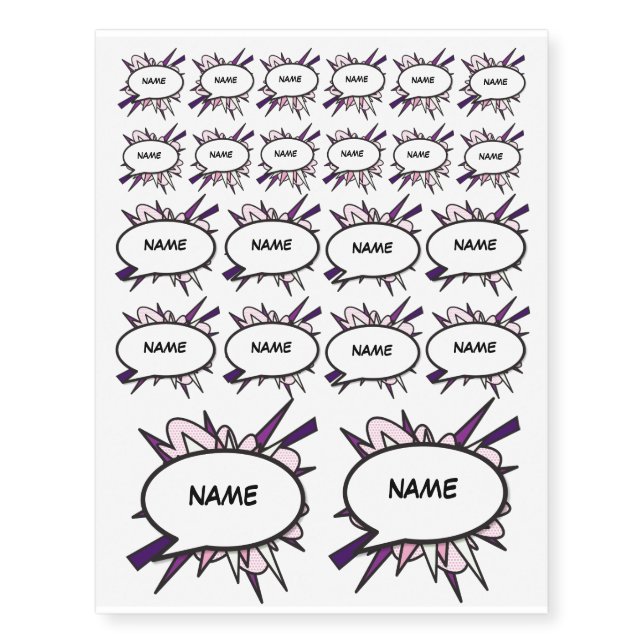 Comic Book Pop Art Pink Flash Speech Bubbles Name Temporary Tattoos (Front)