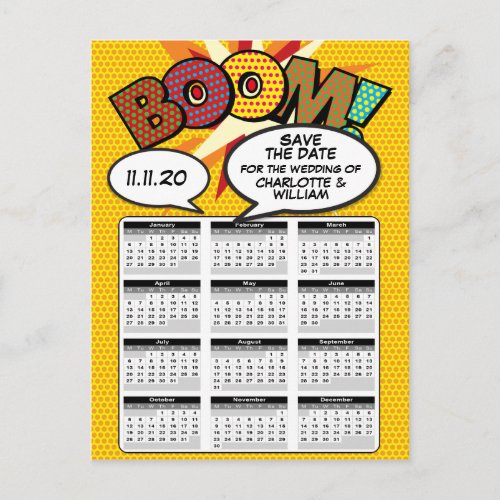 Comic Book Pop Art Save the Date 2020 Calendar Announcement Postcard