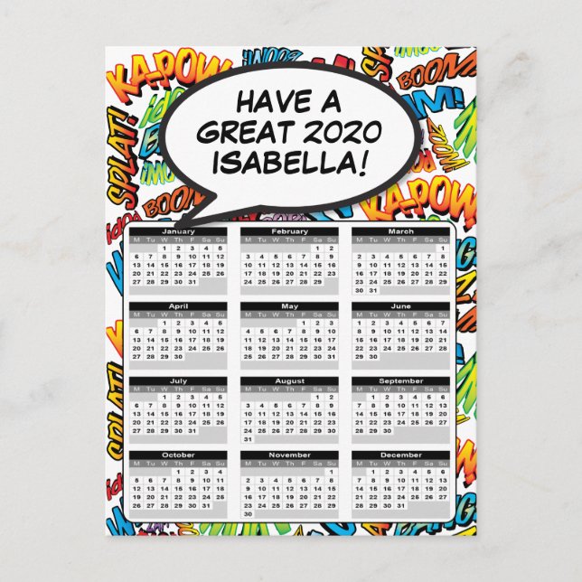 Comic Book Pop Art Speech Bubble 2020 Calendar Postcard (Front)