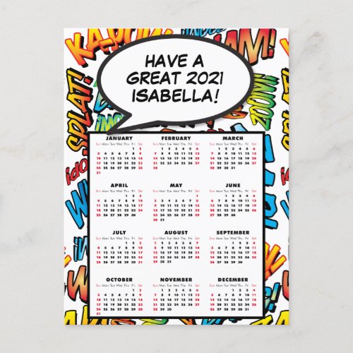 Comic Book Pop Art Speech Bubble 2021 Calendar Holiday Postcard