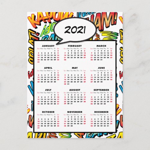Comic Book Pop Art Speech Bubble 2021 Calendar Postcard