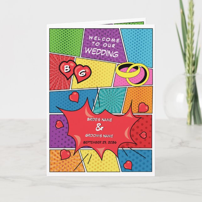 Comic Book Pop Art Wedding Order of Service Program (Front)