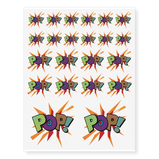Comic Book POP Fun Modern Typography Temporary Tattoos (Front)