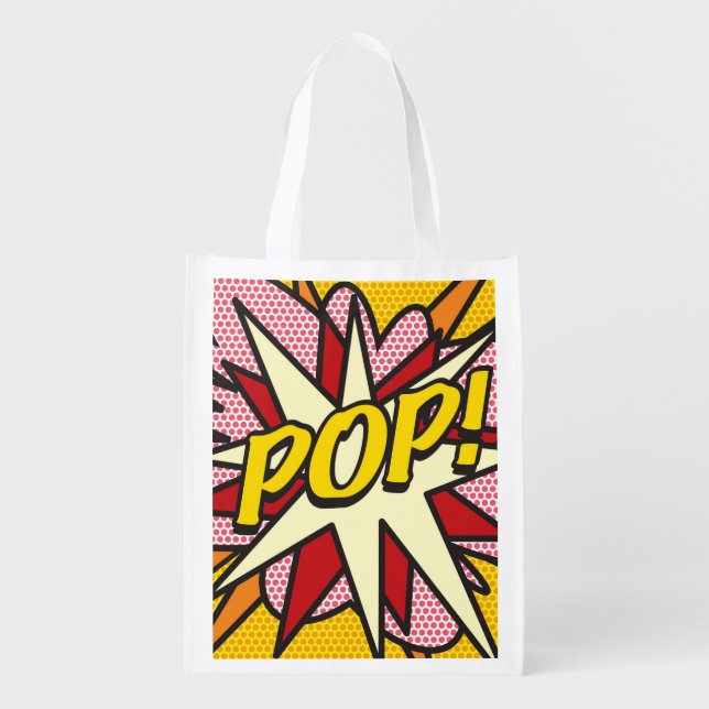 Comic Book POP Modern Fun Typography Grocery Bag (Front)