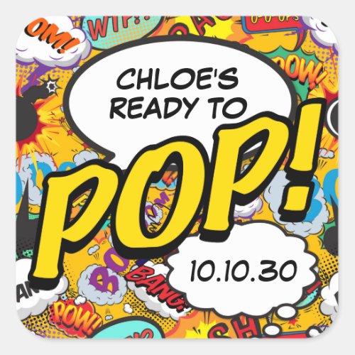 Comic Book Ready to POP Baby Shower Sprinkle Fun Square Sticker
