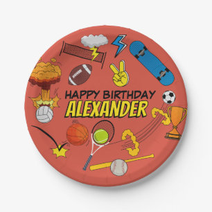 Comic Book Retro Sports Athletic Balls Birthday Paper Plates