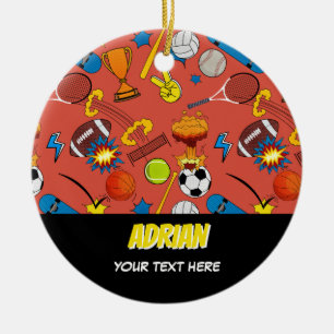 Comic Book Retro Sports Athletic Balls Kids Boys Ceramic Ornament