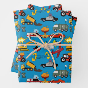Comic Book Retro Trucks Cars Vehicles Airplanes Wrapping Paper Sheets