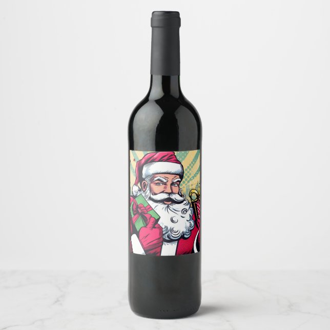 Comic book Santa/Christmas  Wine Label (Front)