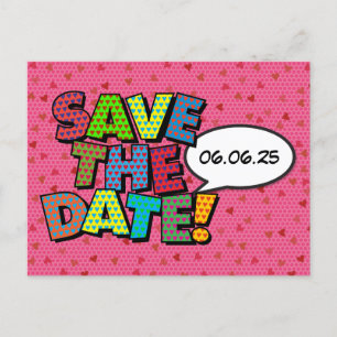 Comic Book Save The Date Pink Hearts Announcement Postcard