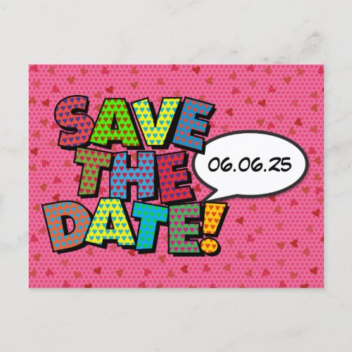 Comic Book Save The Date Pink Hearts  Announcement Postcard