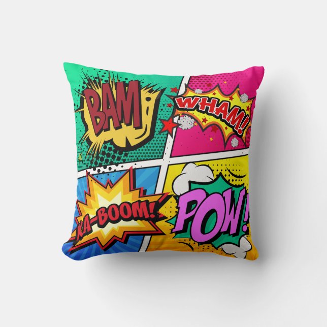 Comic Book Sound Effects Throw Pillow (Front)