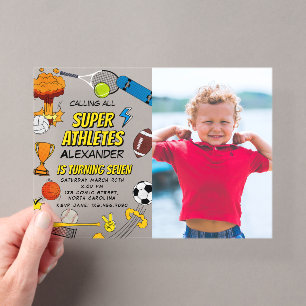 Comic Book Sports Athletic Balls Birthday Photo Acrylic Invitations