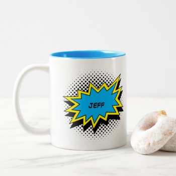 Comic Book Style Colorful Name Blue Two-tone Coffee Mug by AnyTownArt at Zazzle