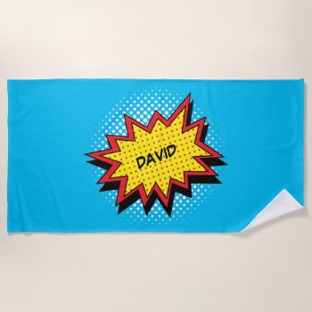 Comic Book Style Colorful Name Red Beach Towel by AnyTownArt at Zazzle