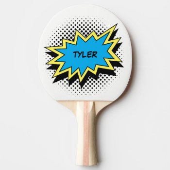 Comic Book Style Colorful Name White Ping Pong Paddle by AnyTownArt at Zazzle