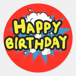 Comic book Style Happy Birthday Classic Round Sticker