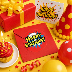 Comic book Style Happy Birthday Classic Round Sticker