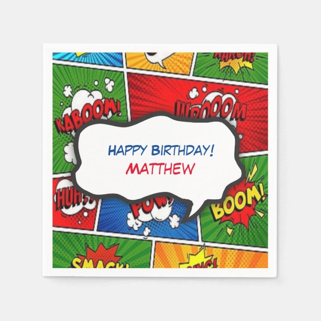 Comic Book Style Kids Birthday Party Napkins (Front)