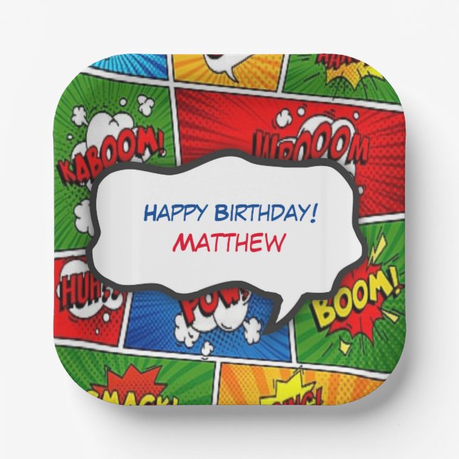 Comic Book Style Kids Birthday Party Paper Plates (Front)