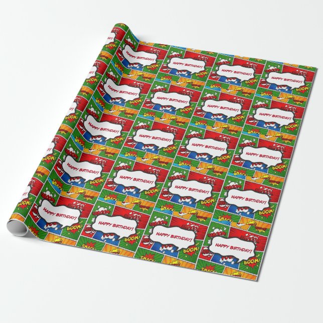 Comic Book Style Kids Birthday Party Wrapping Paper (Unrolled)