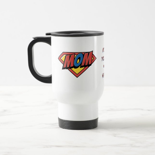 Comic Book Style Mom Personalized Travel Mug (Left)
