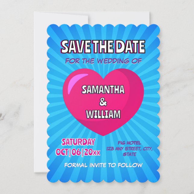 Comic book style personalized save the date  invitation (Front)