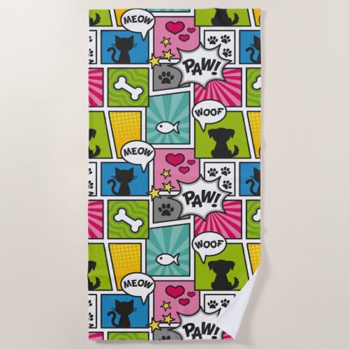 Comic Book Style Pet Pattern Beach Towel