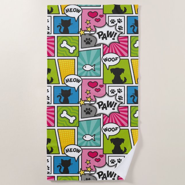 Comic Book Style Pet Pattern Beach Towel (Front)