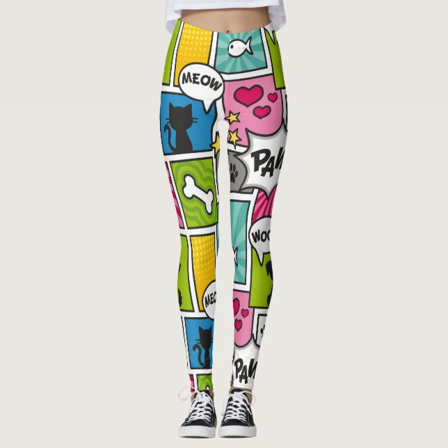 Comic Book Style Pet Pattern Leggings (Front)