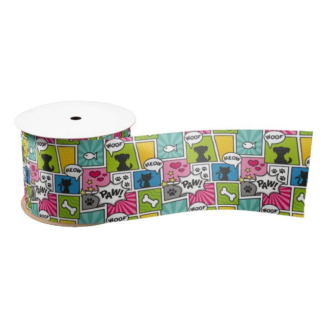 Comic Book Style Pet Pattern Satin Ribbon (Spool)
