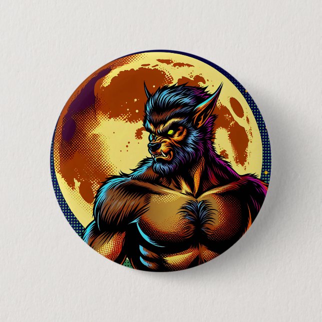 Comic Book Style Werewolf in Front of Full Moon Button (Front)