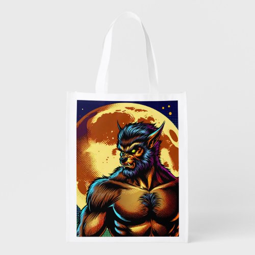 Comic Book Style Werewolf in Front of Full Moon Grocery Bag