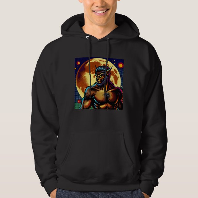 Comic Book Style Werewolf in Front of Full Moon Hoodie (Front)