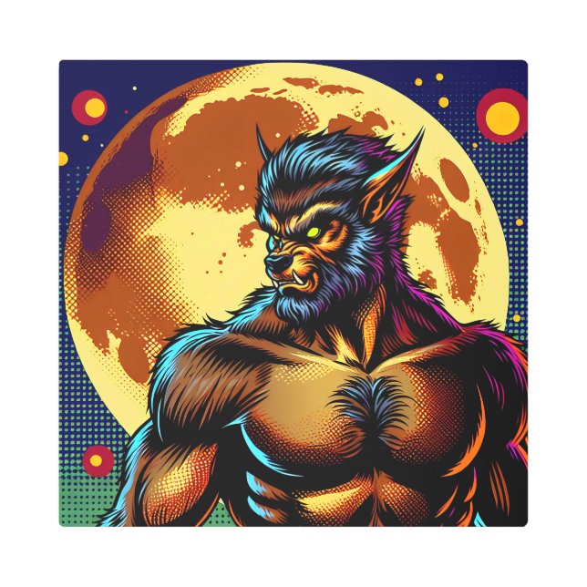 Comic Book Style Werewolf in Front of Full Moon Metal Print (Front)